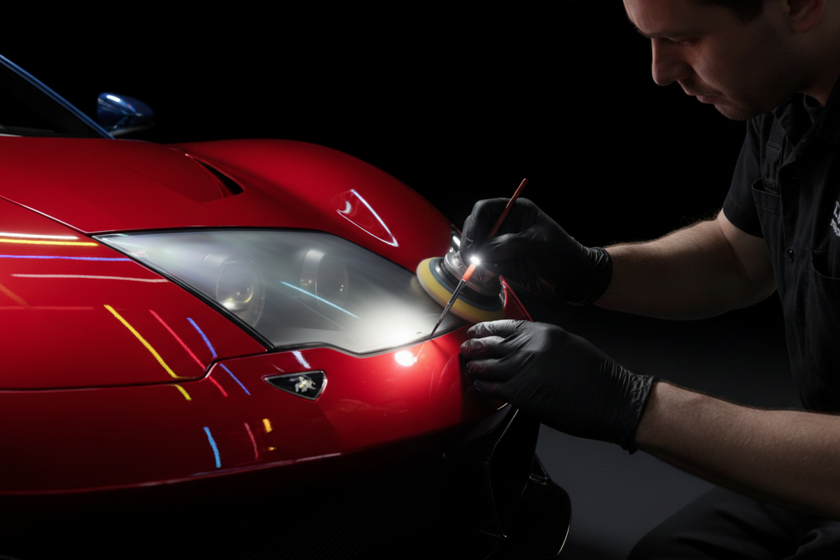 Professional headlight restoration on a racing red luxury sports car
