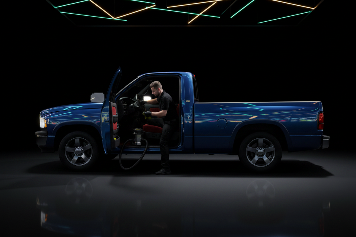 Technician performing interior vacuum and wipe-down on a 1990s Dodge Ram 1500 in a dark luxury detailing studio