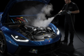 Professional steam machine engine bay detailing on a luxury vehicle