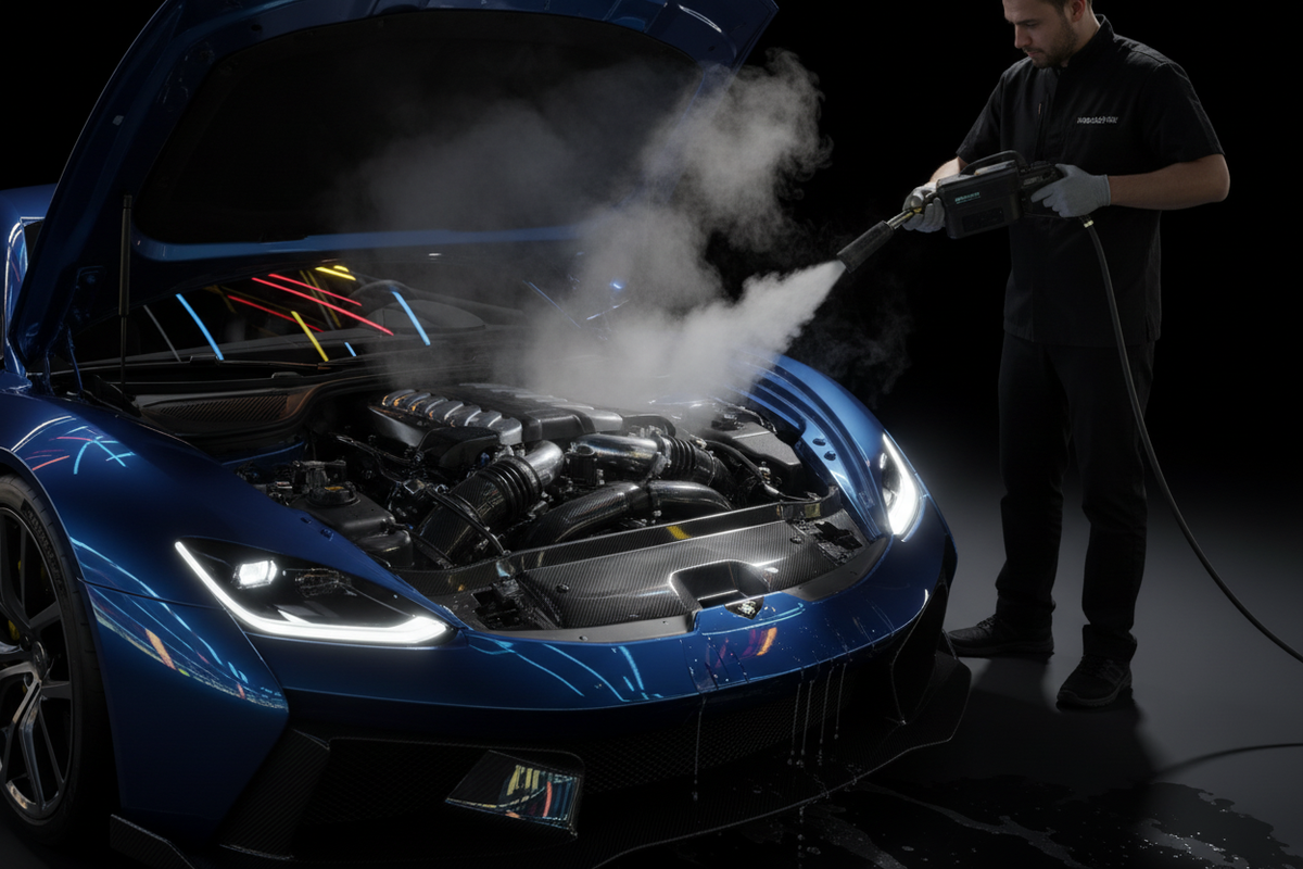 Professional steam machine engine bay detailing on a luxury vehicle