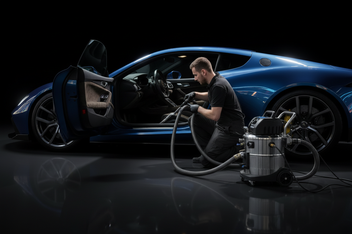 Professional grade carpet extractor machine cleaning fabric seats and carpet inside a car interior