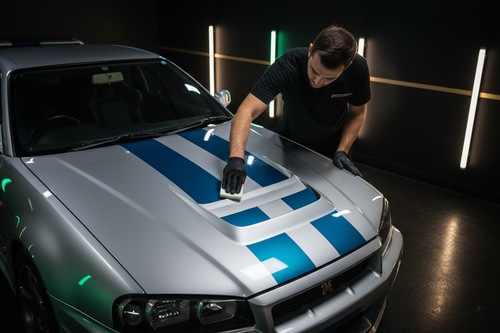 Technician performing clay bar decontamination on the driver's side hood of a silver 2001 Nissan Skyline GT-R R34 with blue racing stripes in a dark luxury detailing studio