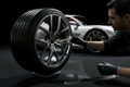 Professional wheel-off ceramic coating with tire still mounted on rim from a silver JDM tuner sports car
