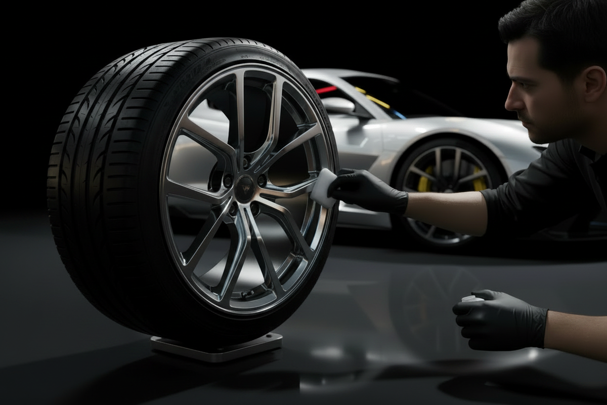 Professional wheel-off ceramic coating with tire still mounted on rim from a silver JDM tuner sports car