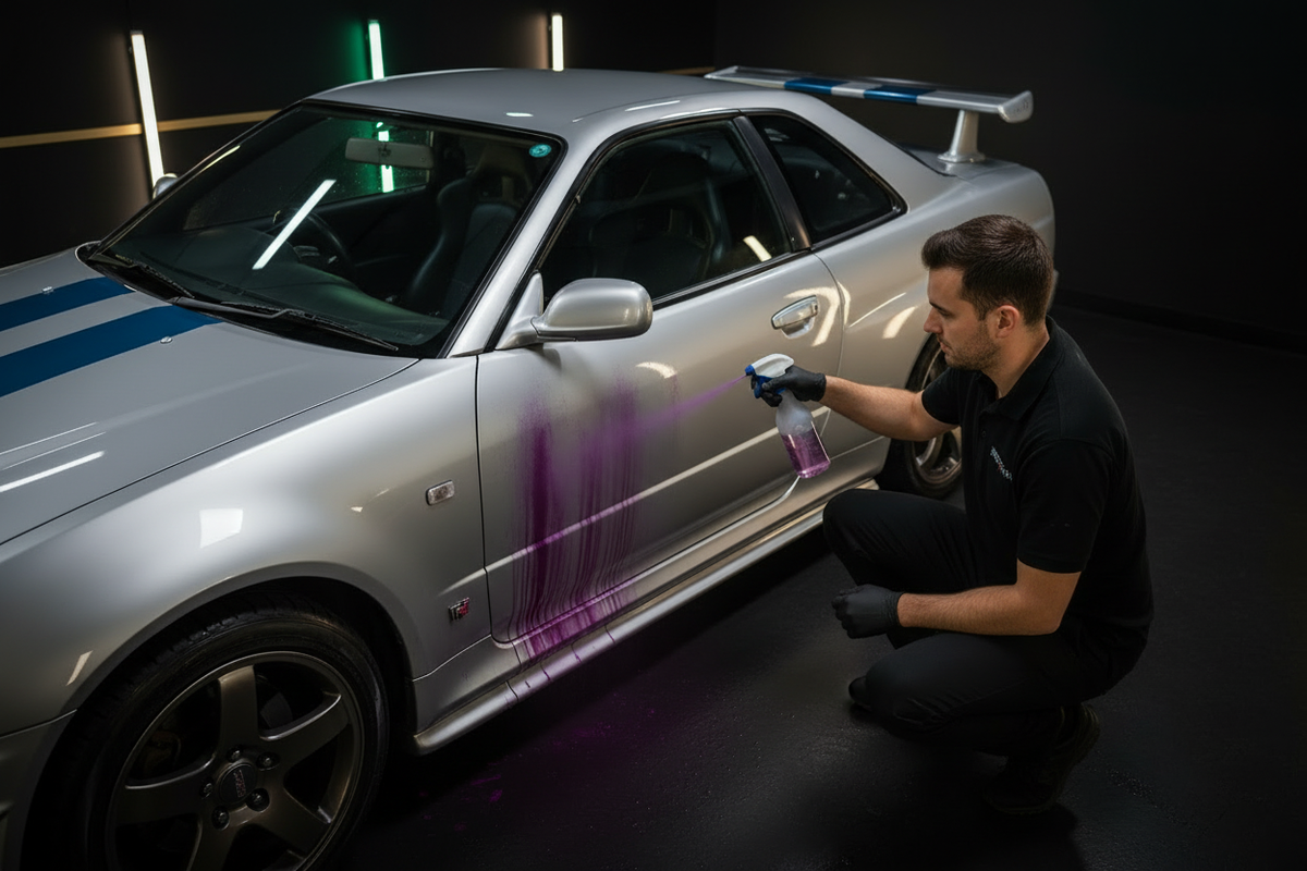 Technician spraying iron fallout remover on the lower panel of a silver 2001 Nissan Skyline GT-R R34 with blue racing stripes, showing purple-red chemical reaction on the paint in a dark luxury detailing studio