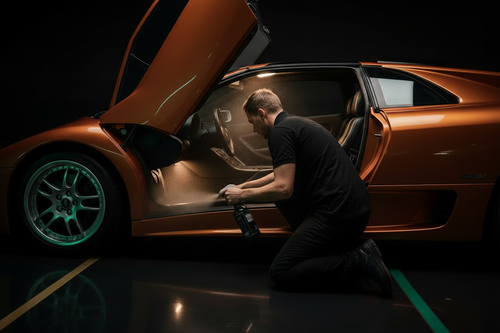 Technician kneeling outside a burnt orange and black McLaren F1 with both doors open, spraying odor eliminator at the door trim and floor junction in a dark luxury detailing studio