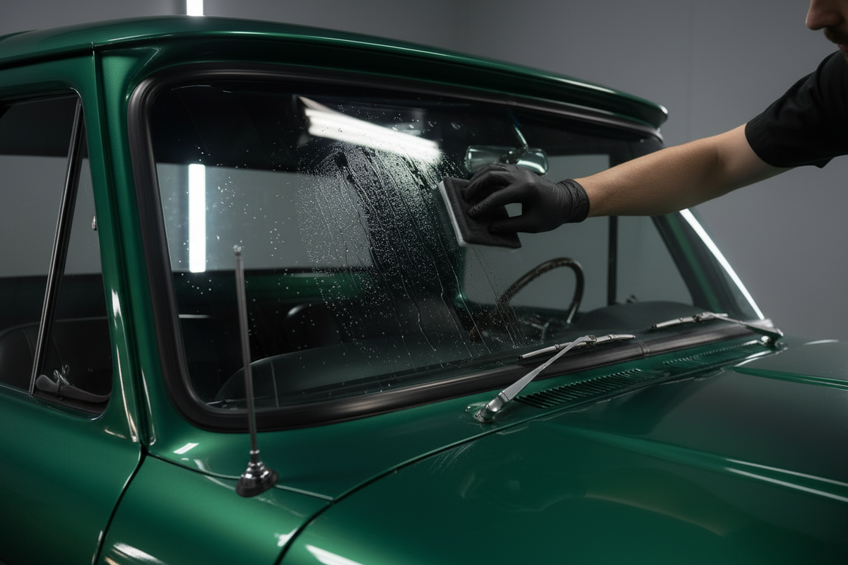 Professional ceramic coating application on a windshield of a classic 1960s vintage truck